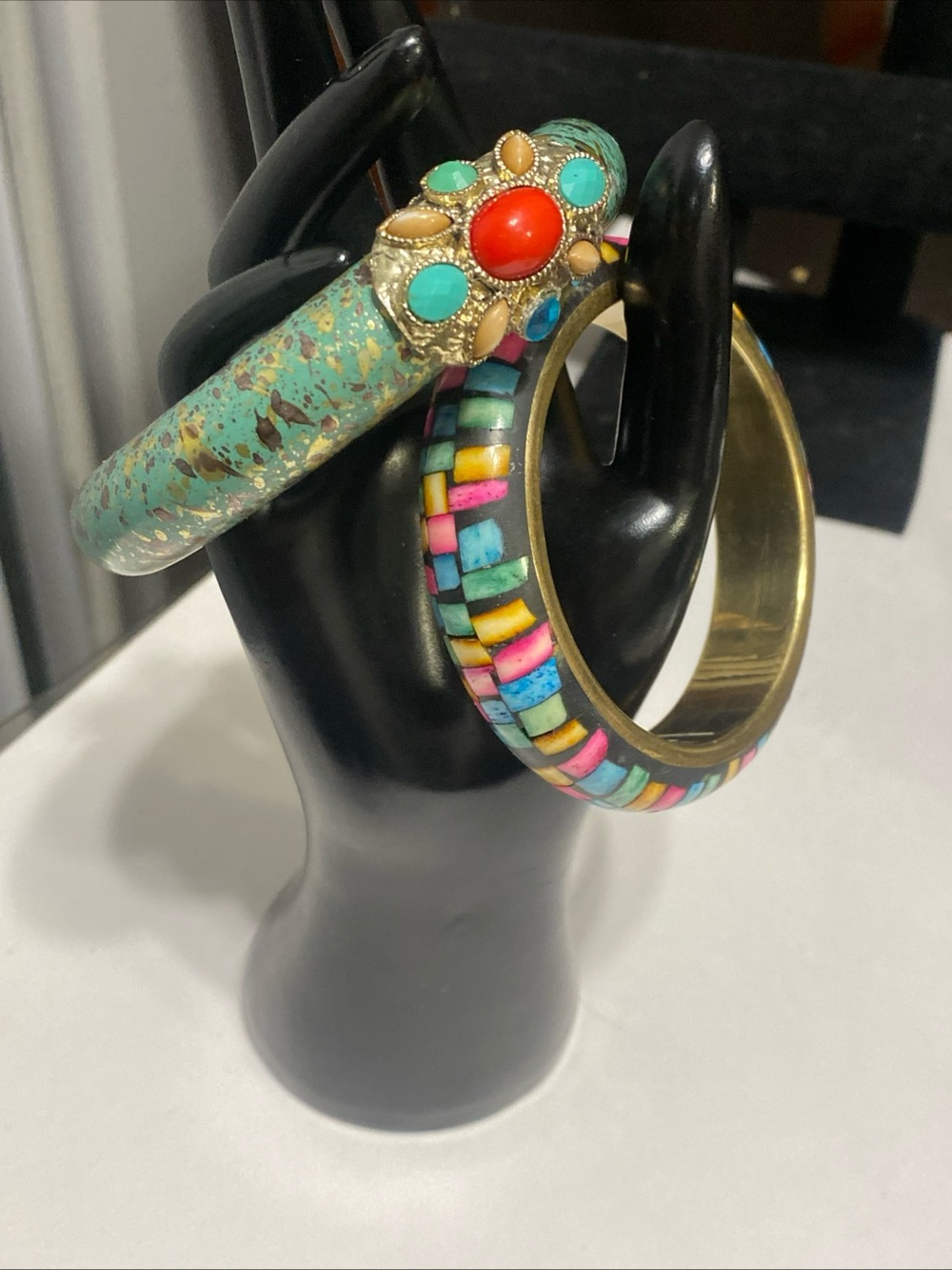 Two Vintage Chunky B/ bracelet teal & Gold Souhtwest & Brass Mosaic inlay